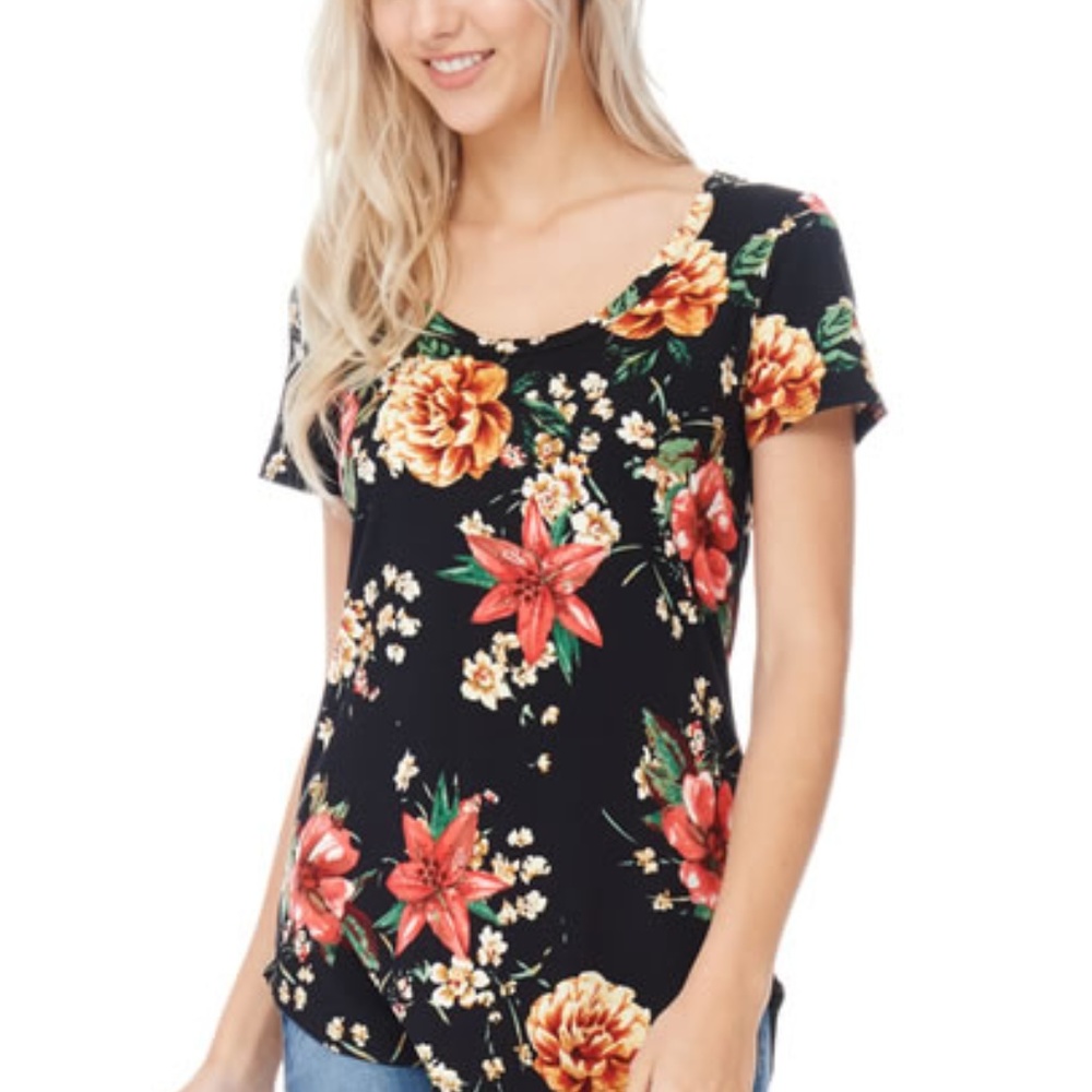 Black floral short sleeves shirt / t shirt top
